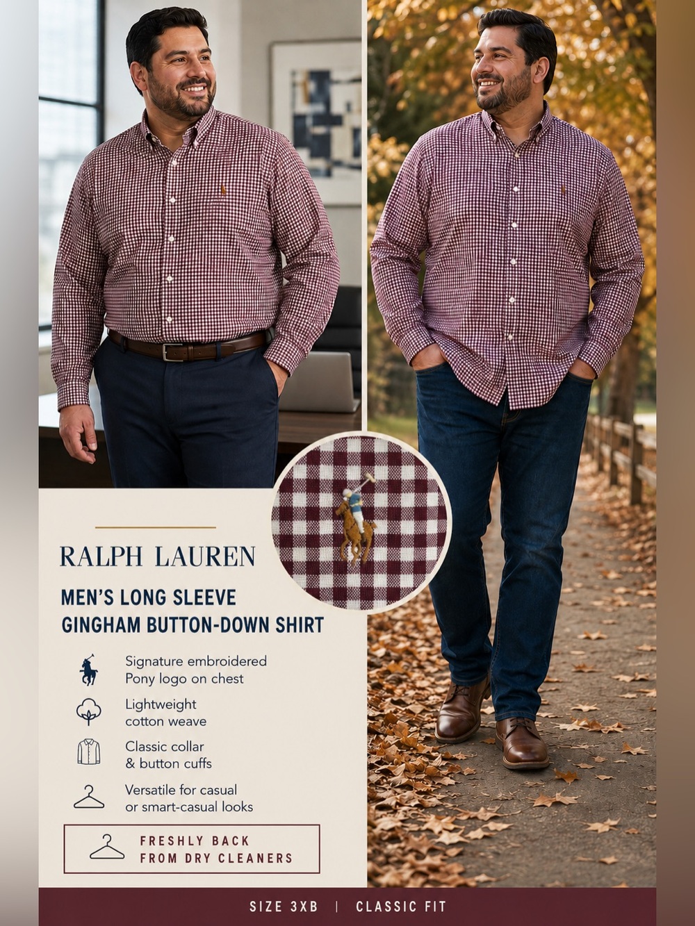 **Dry Cleaned**Polo by Ralph Lauren Men's Burgundy Gingham Button-Down Size 3XB